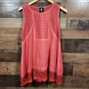Agnes & Dora woven eyelet tunic tank with crochet lace trim woman's size small
